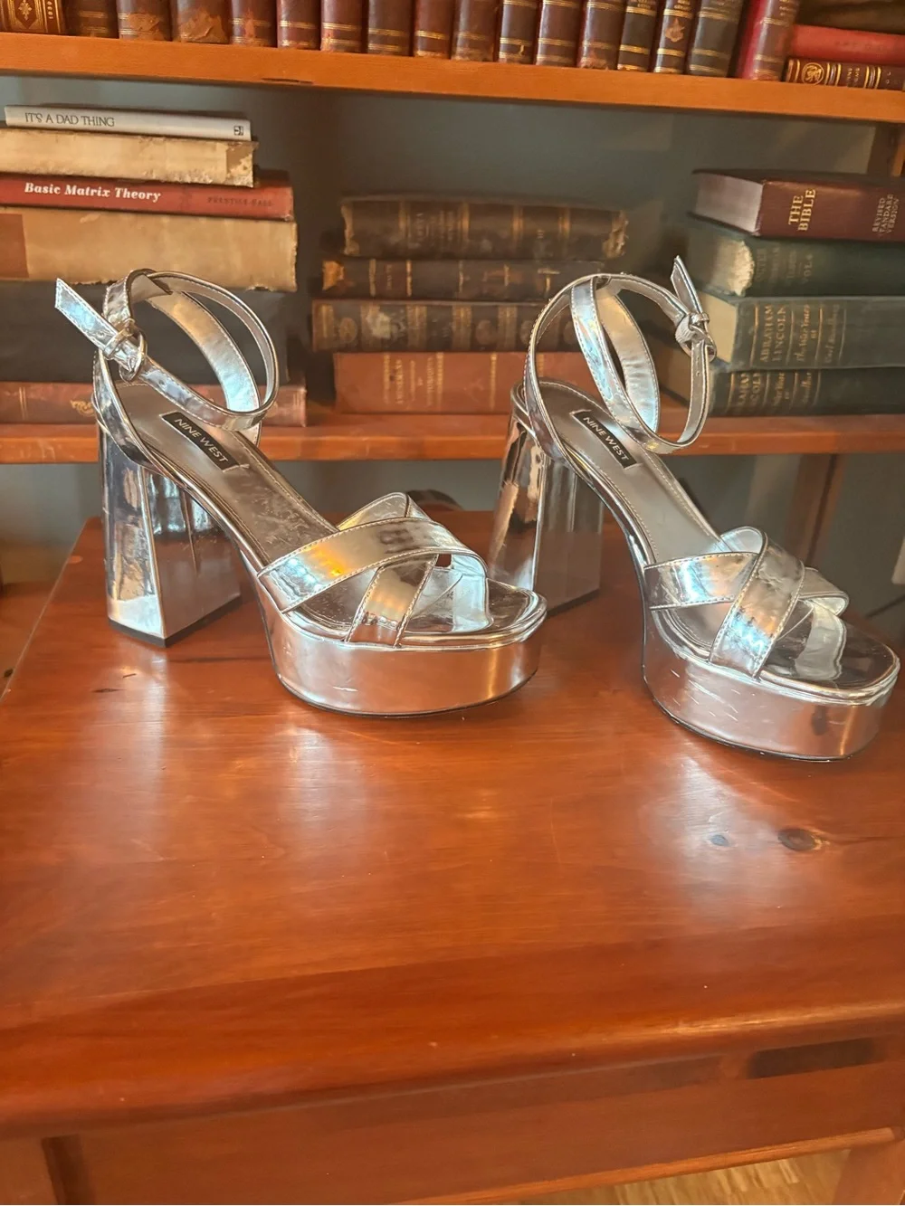 Nine West Metallic Silver Platform Block Heel Sandals